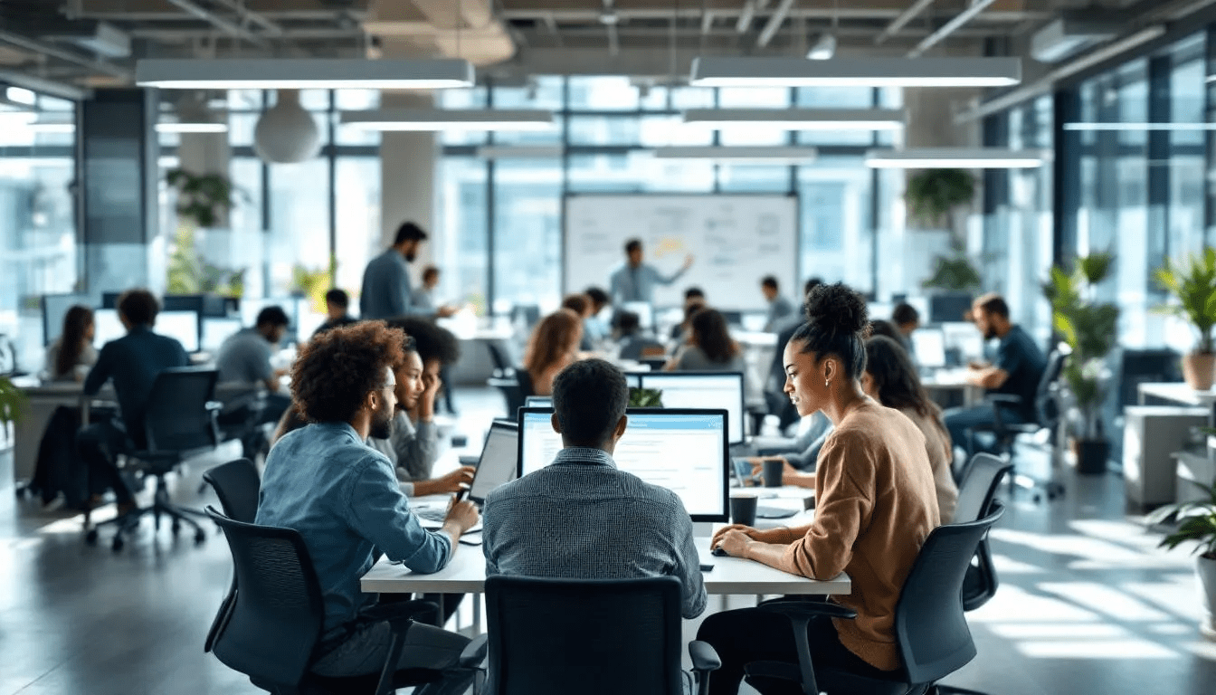 A diverse team of dedicated developers collaborating on a project.