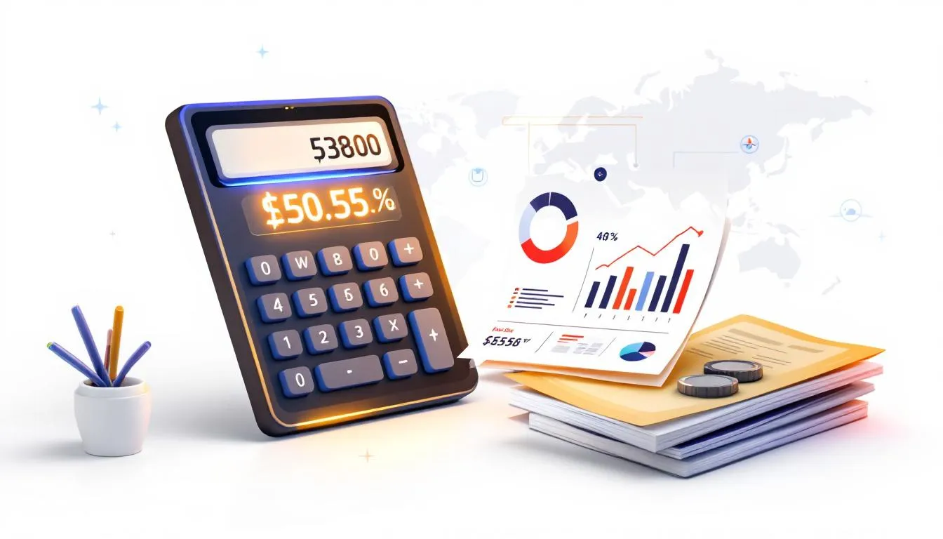 A calculator and financial documents representing cost considerations in hiring offshore developers.
