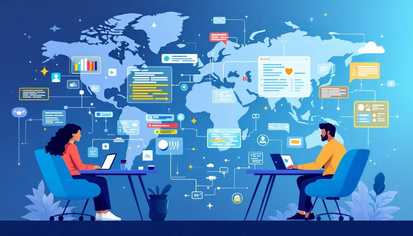 A diverse team of offshore web developers collaborating on a project.