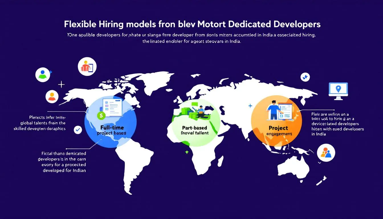 Illustration of flexible hiring models for dedicated developers, emphasizing various options available.