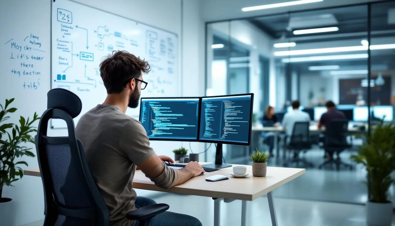 A Drupal programmer integrating with a development team, emphasizing collaboration and teamwork.