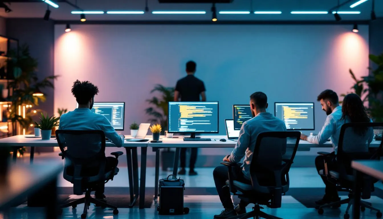 A group of skilled Drupal developers collaborating on a project, showcasing their technical skills.