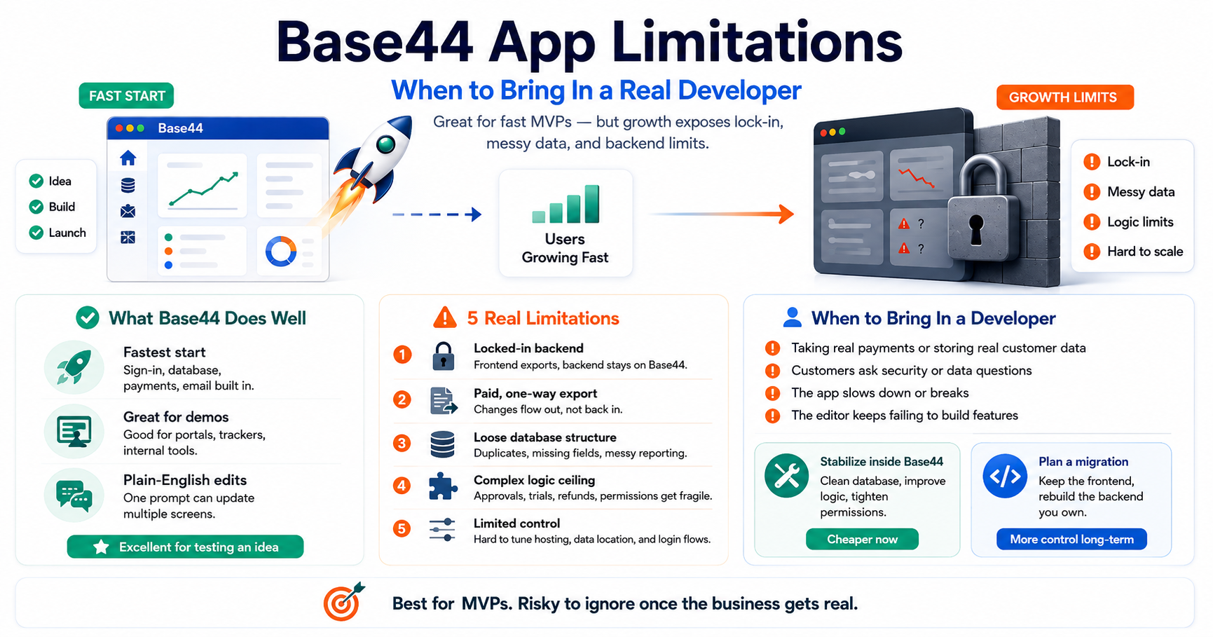 Infographic explaining Base44 app limitations, showing its fast MVP setup, backend lock-in, one-way exports, loose database structure, complex logic limits, scaling issues, warning signs for hiring a developer, and options to stabilize or migrate the app.